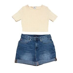 Pink Diamond Cream Knit Sweater Crop Top‎ Ribbed Short Sleeve Crew Neck Casual